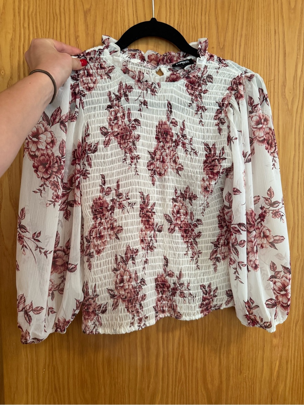 Express size S Floral Smocked Long-Sleeve Top - White with Burgundy Floral